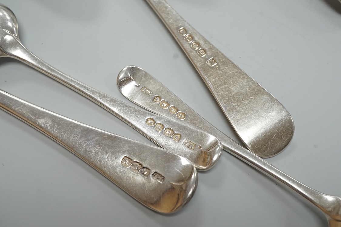 A small quantity of assorted 19th century silver flatware, various patterns, dates and makers, including a set of nine Old English pattern teaspoons, William Chawner II, London, 1833, an Old English pattern basting spoon